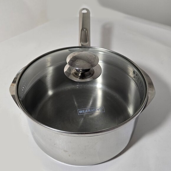 WearEver 3 Qt 2.8L Stainless Steel Saucepan Pot 2 Side Pour Strainer Glass Lid - Picture 1 of 16